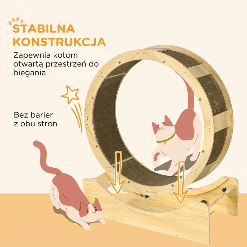 Kocie koło biegowe 91 cm z hamulcem, deska do drapania, dąb