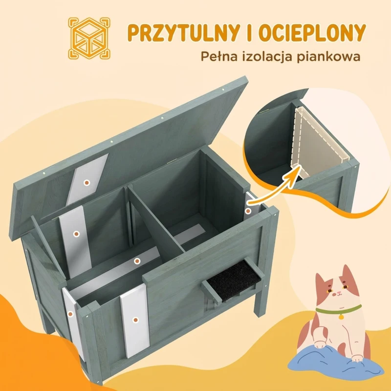Drewniany domek dla kota, izolowana, z zasłoną drzwiową