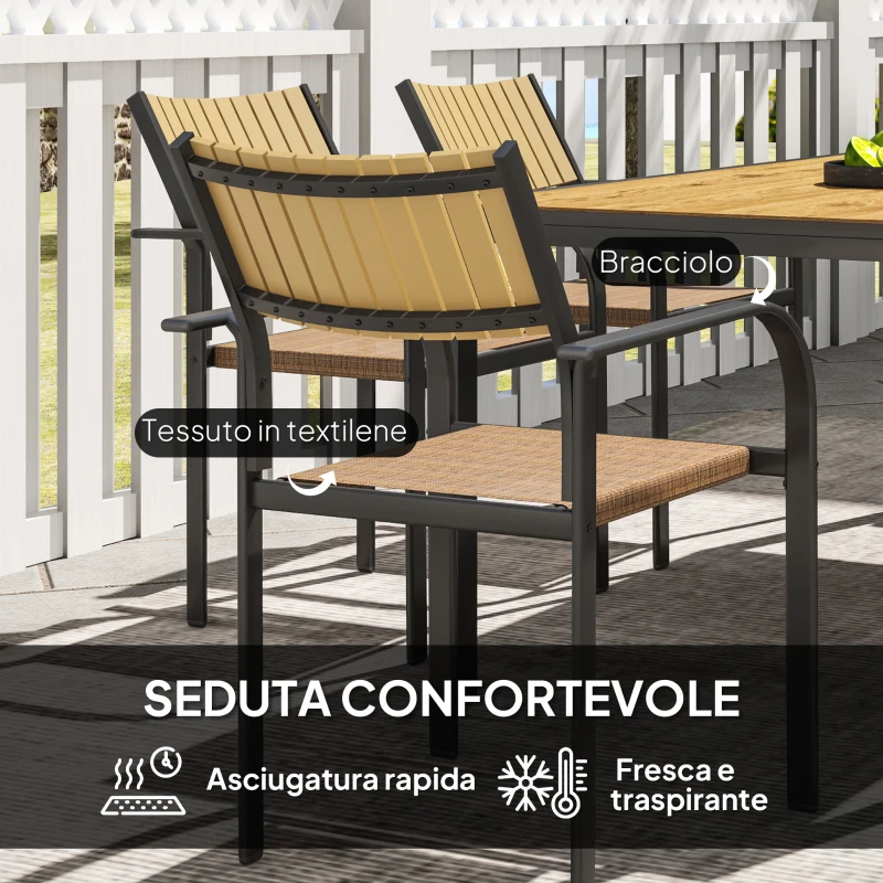 Outsunny Set Tavolo da Giardino Allungabile con 6 Sedie da Esterno Impilabili, Acciaio e Textilene, Marrone