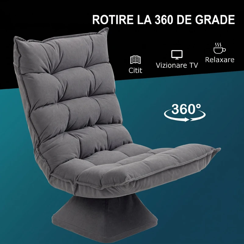HOMCOM Fotoliu Rotativ și Catifelat pentru Living cu Spătar Reglabil în 5 Poziții, 62x70x95 cm, Gri
