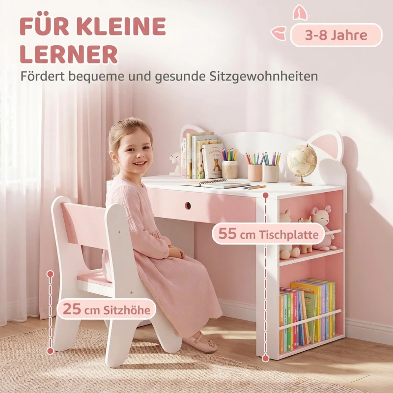 AIYAPLAY Kindertafel en stoelset voor leren en spelen, met lade en boekenrek, wit/roze