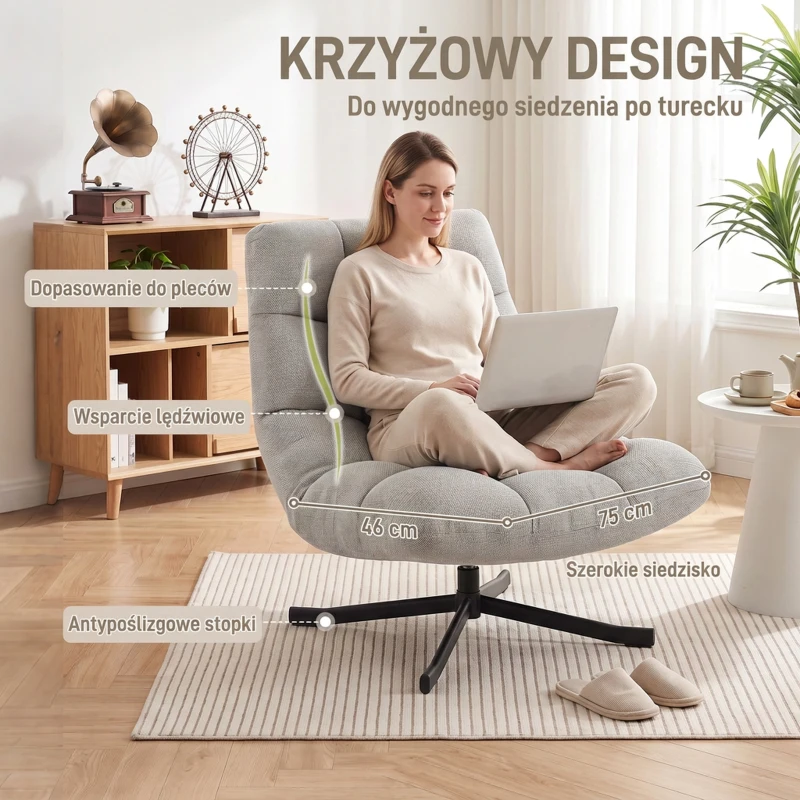 HOMCOM Fotel Obrotowy Lounge z Szerokim Siedziskiem, Tapicerowany Fotel Relaksacyjny w Wodoodpornej Optyce Chenille, Stalowe Nogi Krzyżowe, Nowoczesny Fotel do Salonu, Sypialni, Jasnoszary