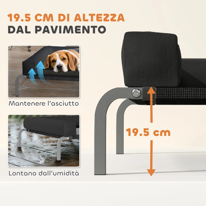 PawHut Lettino per Cani Rialzato di 19.5 cm con Cuscino a U, in Poliestere e Acciaio, 110x75x30 cm, Nero e Argento