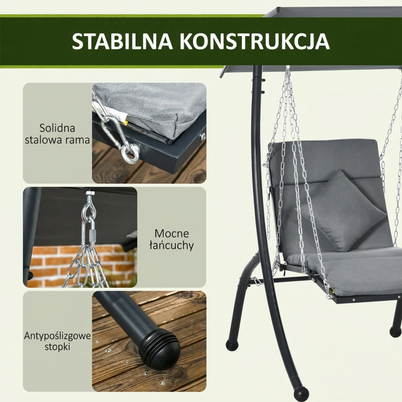 Huśtawka ogrodowa z poduszkami, regulowany daszek, stalowa