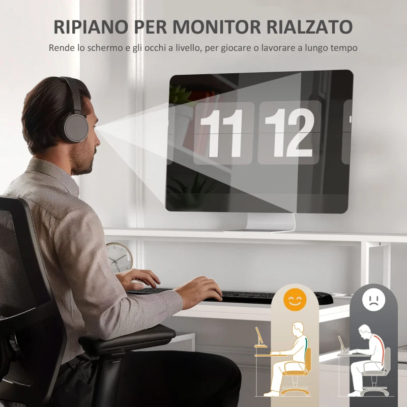 HOMCOM Scrivania Ufficio con 2 Tavoli, 4 Ripiani, 3 Cassetti e Supporto per Monitor, in Legno, 138.5x90x92 cm, Bianco