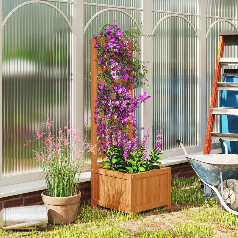 Outsunny Fioriera con Traliccio per Rampicanti con Foro di Drenaggio e Fodera, in Legno, 40x40x120 cm, Marrone