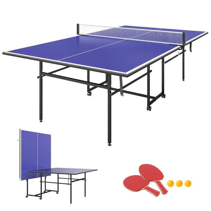 SPORTNOW Stół do tenisa stołowego, składany, przenośny, 2 rakiety, 3 piłki, rama metalowa, 274x152,5x76 cm, Niebieski