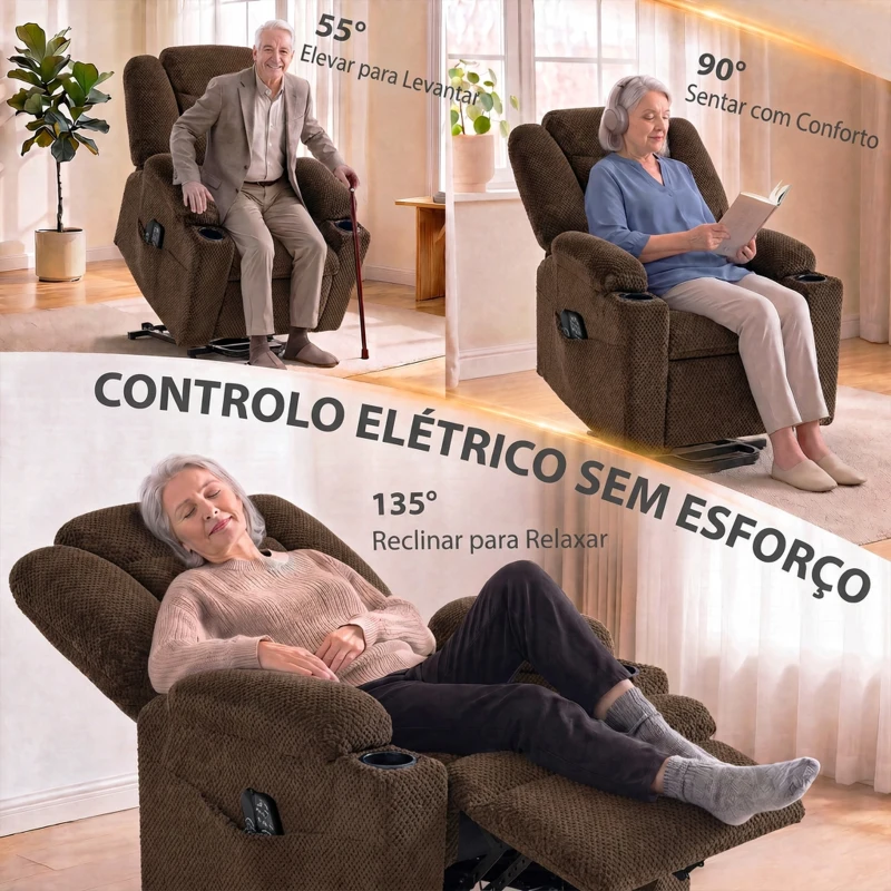 HOMCOM Cadeirão Relax Reclinável Elétrico Elevatório para Idosos com Massagem, Calor e Porta-copos Castanho Escuro