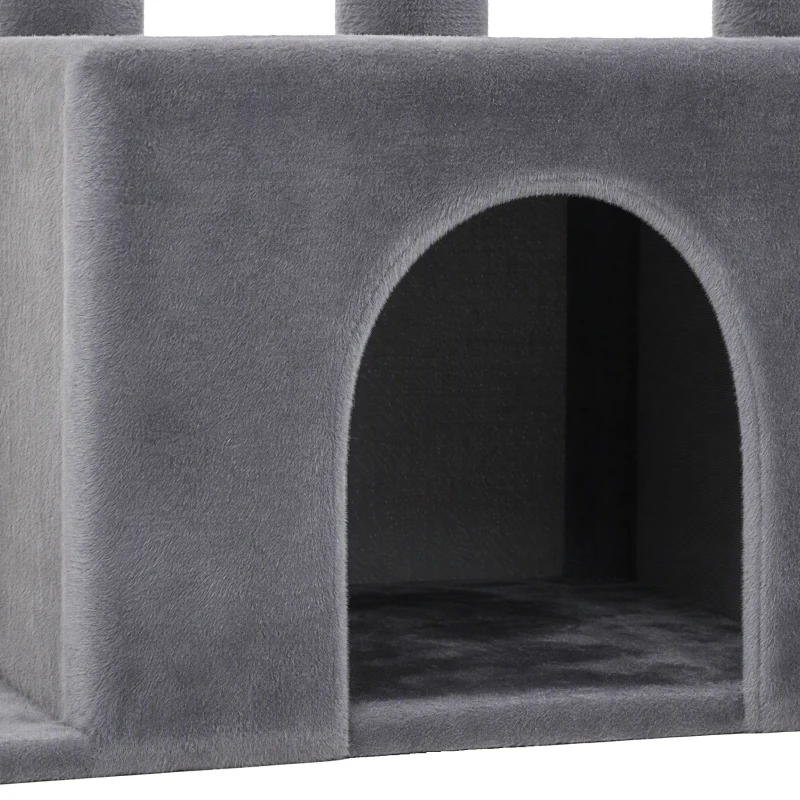 PawHut Tiragraffi per Gatti Grande Alto 180 cm Multilivello, 13 Pali Graffiatoi, 2 Grotte, Amaca, 2 Cucce, Grigio Scuro