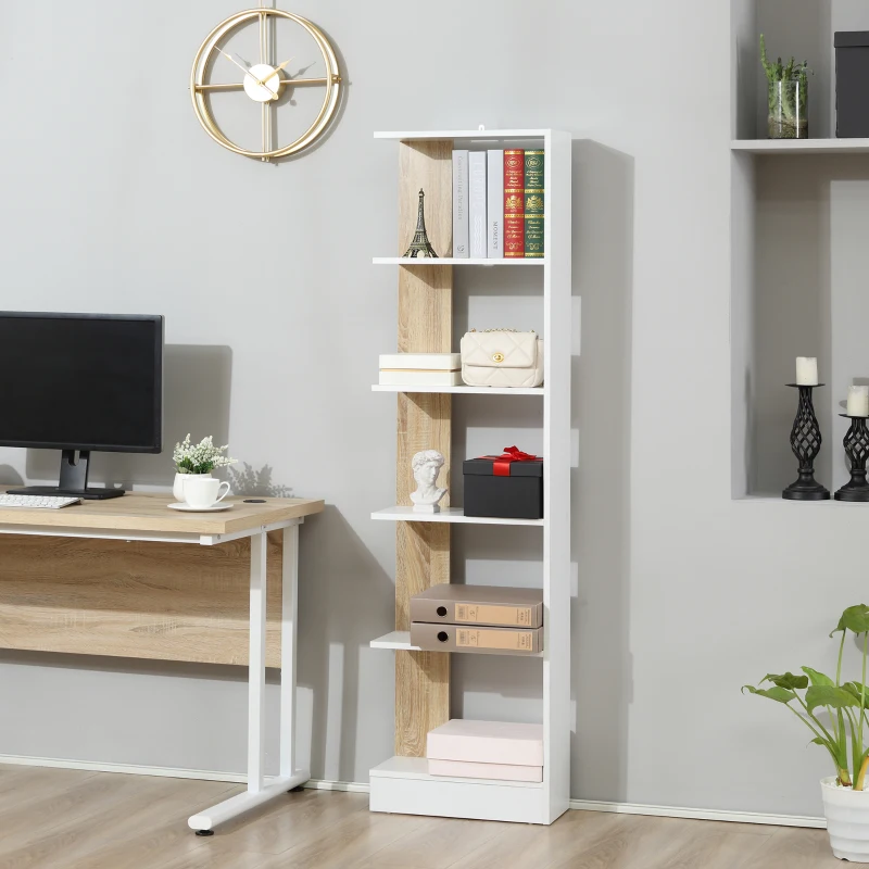 HOMCOM Estantería de Almacenaje con 5 Estantes Librería Multiusos para Estudio Oficina con Base Elevada Diseño Elegante 45x21x170 cm Blanco y Roble