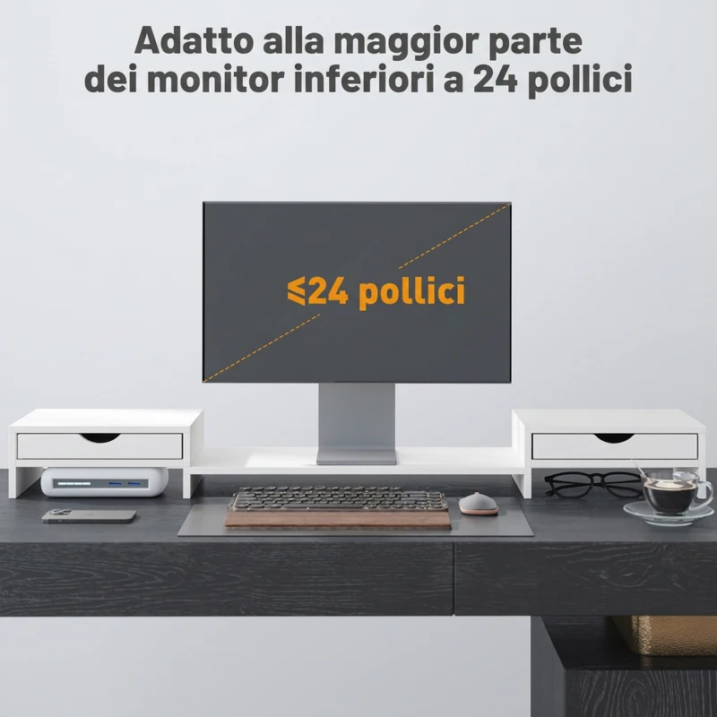 HOMCOM Supporto per Monitor da Scrivania con 2 Cassetti, 3 Spazi Sottostanti, Fino a 14kg, 60-116x22x12 cm, Bianco