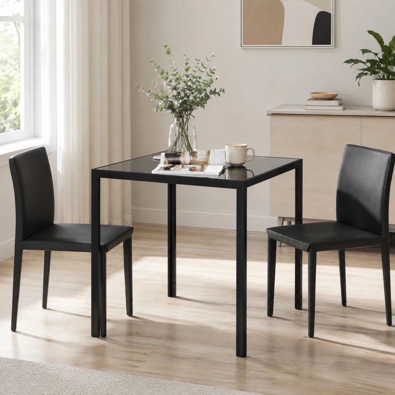 HOMCOM Tavolo Quadrato da 4 Persone per Cucina e Soggiorno in Acciaio e Vetro Temperato, 75x75x75 cm, Nero