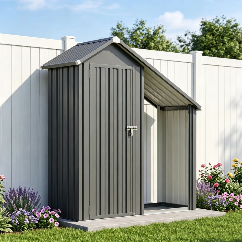 Outsunny Portalegna da Esterno con Armadietto Porta Attrezzi, 0.77 m², 150x66x162 cm, in Acciaio Zincato, Grigio Scuro