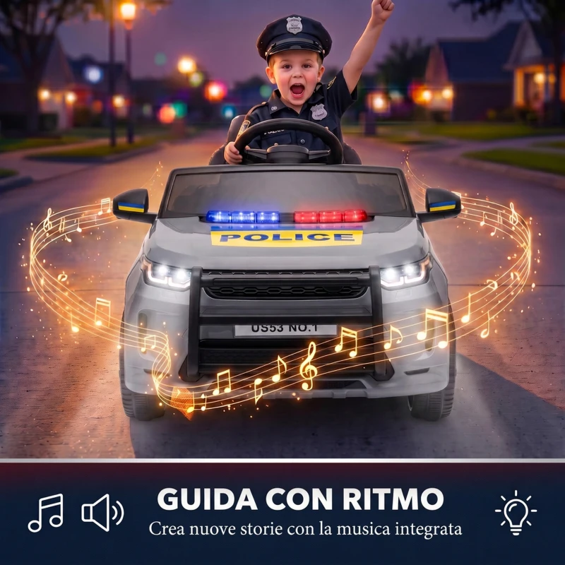 AIYAPLAY Auto Elettrica Polizia 12V con Telecomando, 2 Motori, Luci, Sirena, Musica e Clacson,  3-6 Anni, Grigio