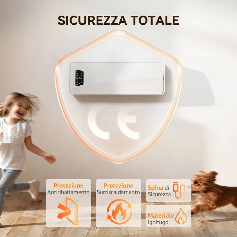 HOMCOM Termoventilatore da Parete 2000W, Stufa Elettrica Ceramica 3 Modalità con Ventilatore, Termostato, Bianco
