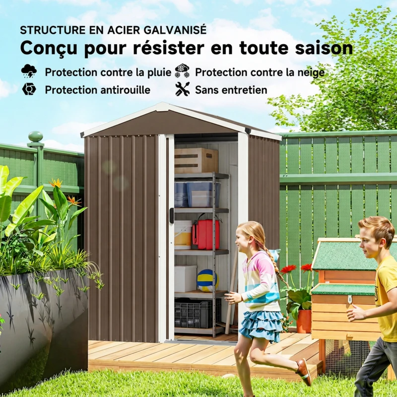 Outsunny Abri de Jardin en Métal 1,1 m², Cabane Jardin Extérieure, Porte Coulissante Verrouillable, 136x87x176cm, Marron