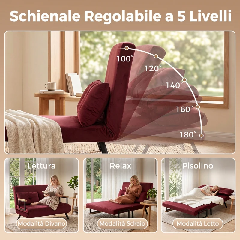 HOMCOM Divano Letto 3 in 1 in Tessuto Effetto Velluto con Schienale Regolabile e 2 Cuscini, 102x73x81 cm, Rosso Vino