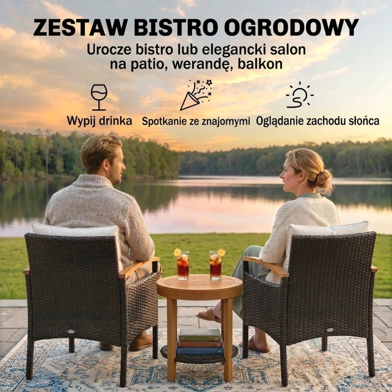 Outsunny Zestaw bistro z rattanu 3-częściowy FSC meble ogrodowe z 2 fotelami, 2-poziomowym stolikiem z drewna, grube zdejmowane poduszki