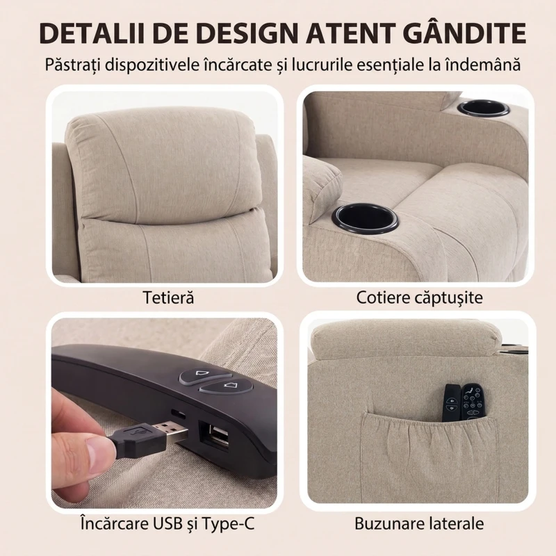 HOMCOM Fotoliu Electric cu Ridicare și Reclinare, Încălzire, Masaj, Efect In, 2 Telecomenzi, Crem