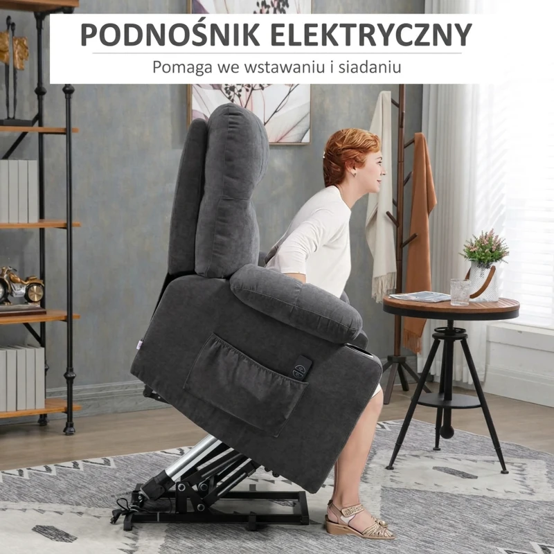 HOMCOM Fotel z funkcją podnoszenia dla seniora, funkcja leżenia, z pilotem, 144 cm x 91 cm x 88 cm, Ciemnoszary