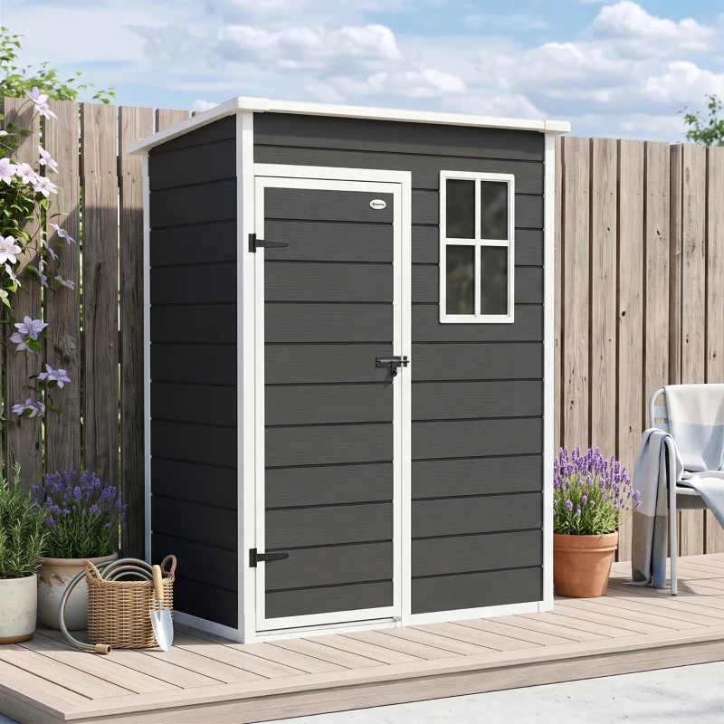 Outsunny Casetta da Giardino 1.14m² in PP e Alluminio con Pavimento, Capanno da Giardino, Tetto Inclinato, Nero