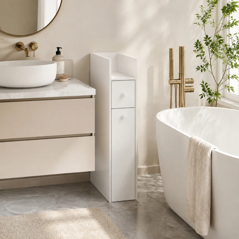 HOMCOM Mobiletto Bagno Salvaspazio, Mobile Bagno Stretto a 3 Livelli con Ripiano Aperto e Cassetti Estraibili su Ruote