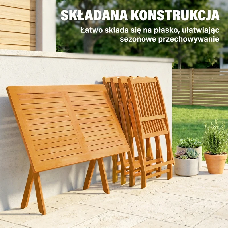 Outsunny Zestaw mebli ogrodowych FSC z drewna, 5-cz., składany stół z 4 krzesłami, lamelowy design