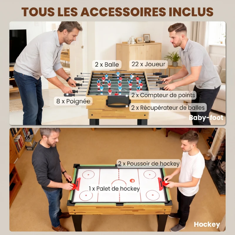 SPORTNOW Table multijeux 13 en 1, table de jeu baby-foot, billard, ping-pong, 121x109x80cm, pour enfants et adultes, noyer clair