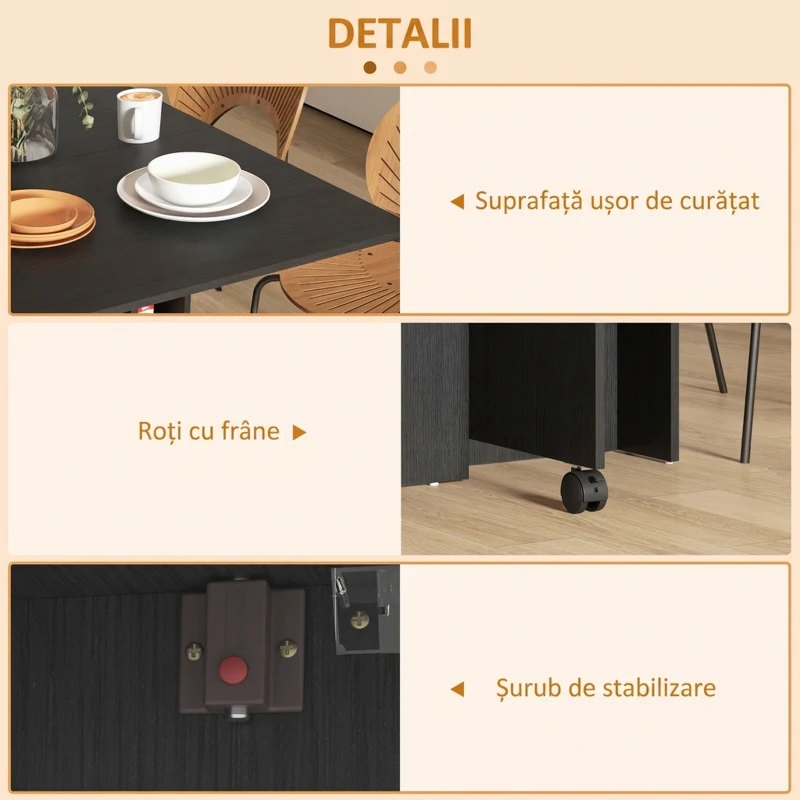 HOMCOM Masă pliabilă compactă cu 2 extensii pentru 6 persoane, cu rafturi și roți, negru(m-5)