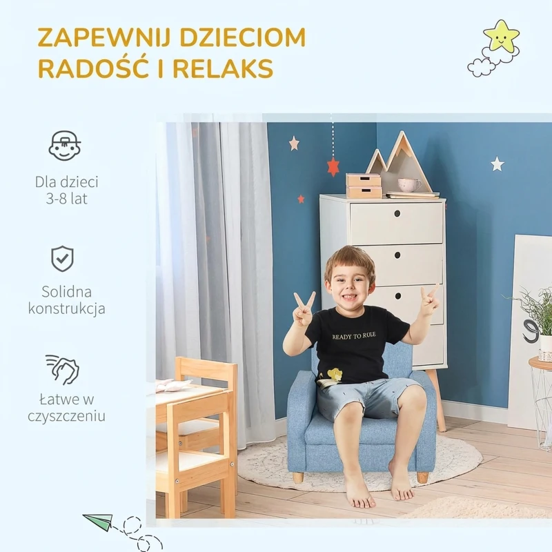HOMCOM Sofa dziecięca fotel dziecięcy z grubą pianką poduszka siedziska len niebieski