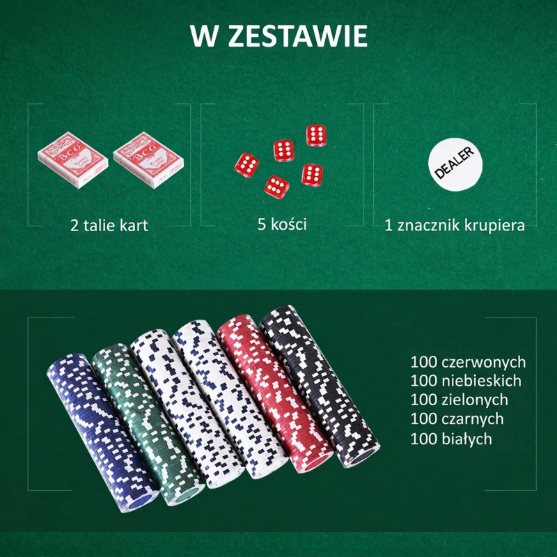 HOMCOM Zestaw do pokera zestaw do pokera, 500 żetonów do pokera, 5 kolorów, 2 x talie kart, 5 x kości
