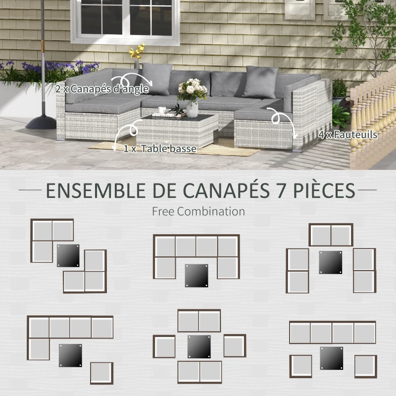 Outsunny Ensemble salon de jardin 7 pièces modulables table basse plateau verre trempé coussins déhoussables inclus gris