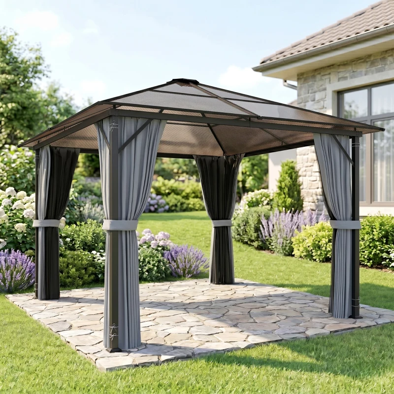 Outsunny Gazebo da Giardino 3x3 m con Tetto in Policarbonato e Zanzariera,  Grigio Scuro, Balcone, Feste