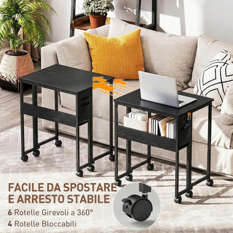 HOMCOM Scrivania Salvaspazio Pieghevole a Ribalta, 63x50x75 cm Scrivania Piccola con Ruote a Freno, Nero