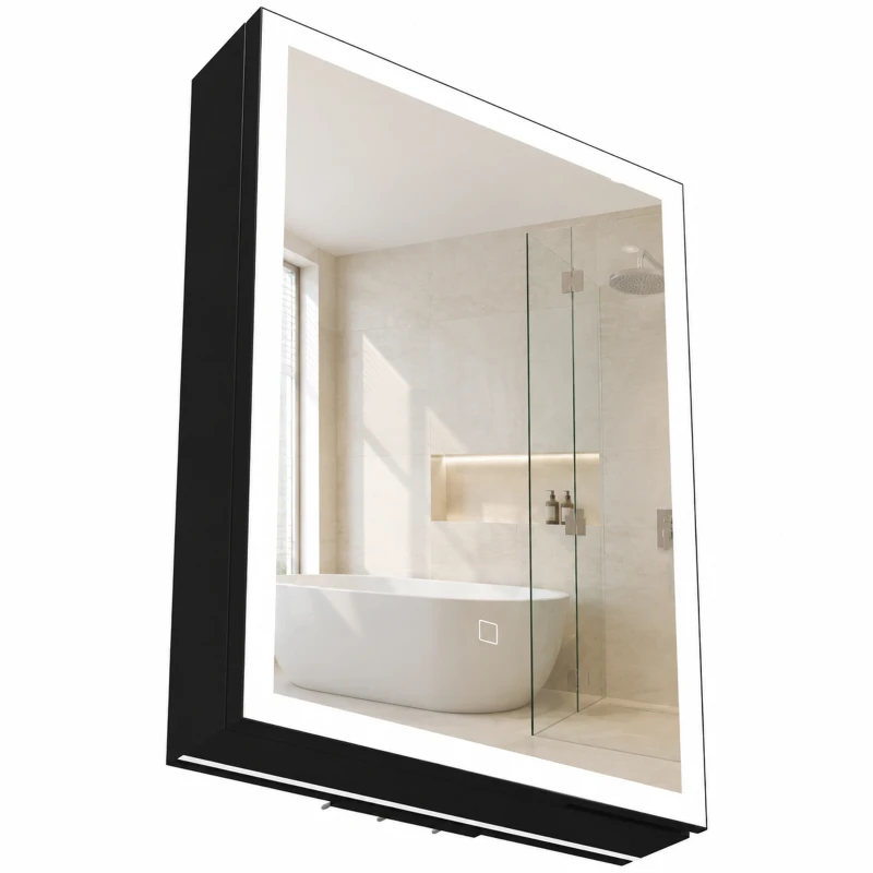 HOMCOM Dulap de Baie cu Oglindă și LED, 3 Culori, 50x70 cm, Soft-Close, Priză, Rafturi Reglabile, Negru