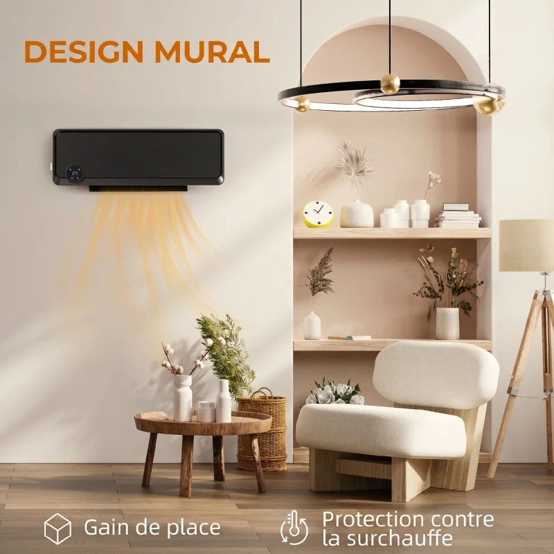 HOMCOM Radiateur Mural Soufflant Oscillant 2000 W, Chauffage Céramique PTC, 3 Niveaux de Puissance, 56x11,7x18,5cm, Noir