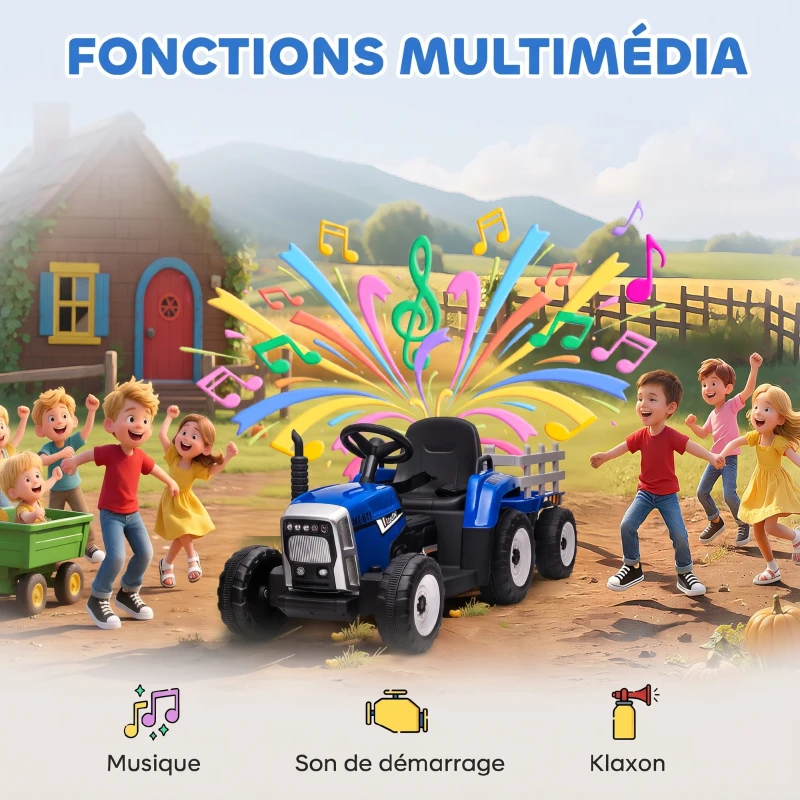 HOMCOM Tracteur électrique avec remorque amovible, pour enfants de 3 à 6 ans avec télécommande MP3 musique affichage lumières(m-6)
