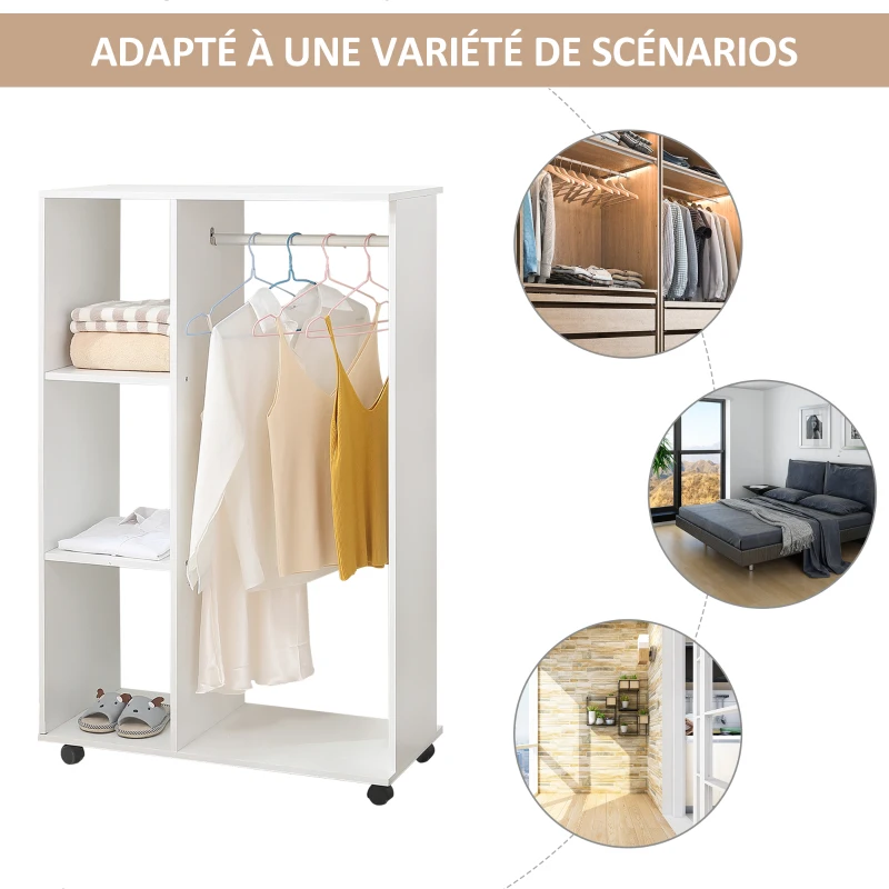 HOMCOM Portant vêtements penderie Mobile roulettes 3 étagères latérales + Grand Espace Panneaux Particules Blanc