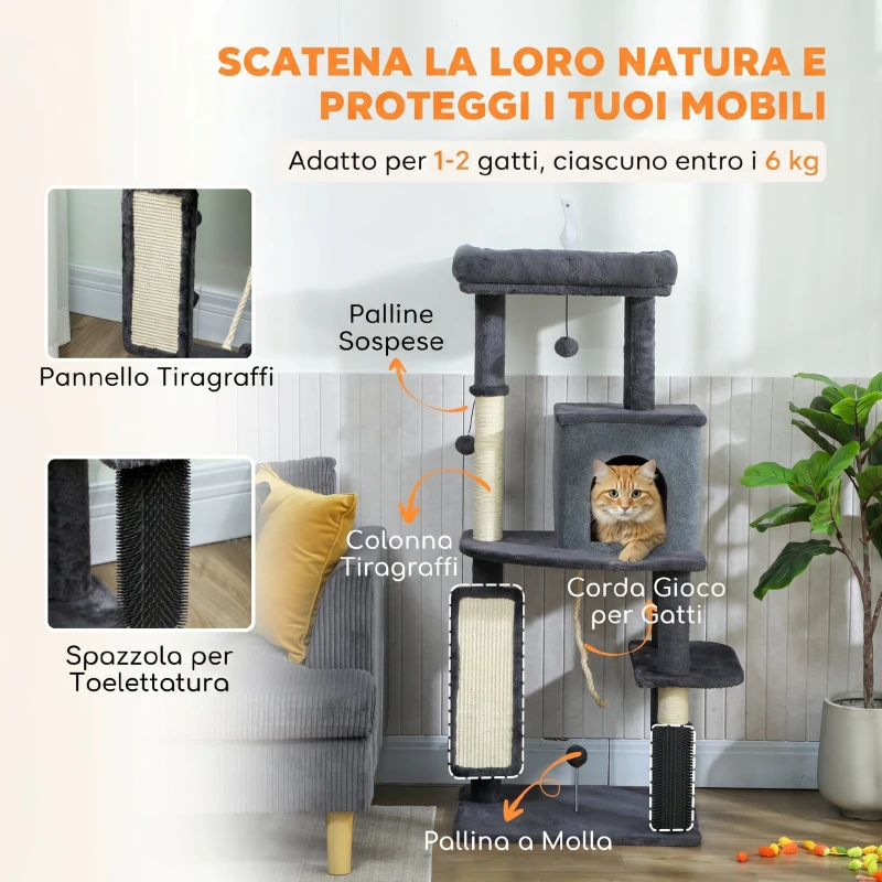 PawHut Albero per Gatti Multilivello Alto 132 cm con Casetta, Lettino, Pali Tiragraffi, Spazzola e Pallina, Grigio Scuro