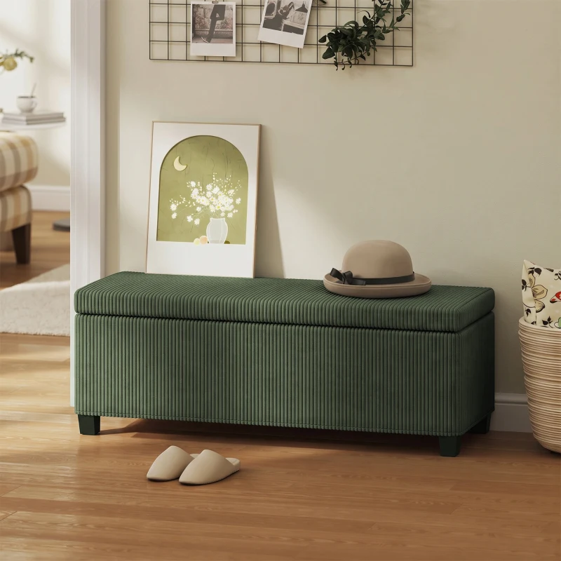 HOMCOM Banc de Rangement, Bout de Lit en Velours Côtelé avec Couvercle, pour Salon, Chambre, Entrée, 112x42x40 cm, Vert Clair