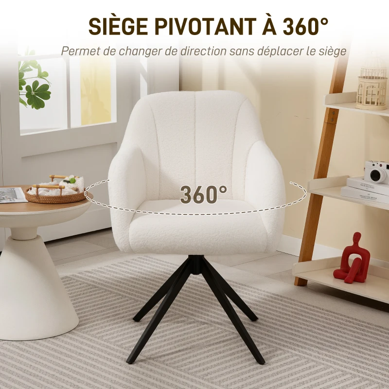 HOMCOM Fauteuil de salon pivotant capitonné grand confort piètement en acier et tissu effet polaire teddy blanc