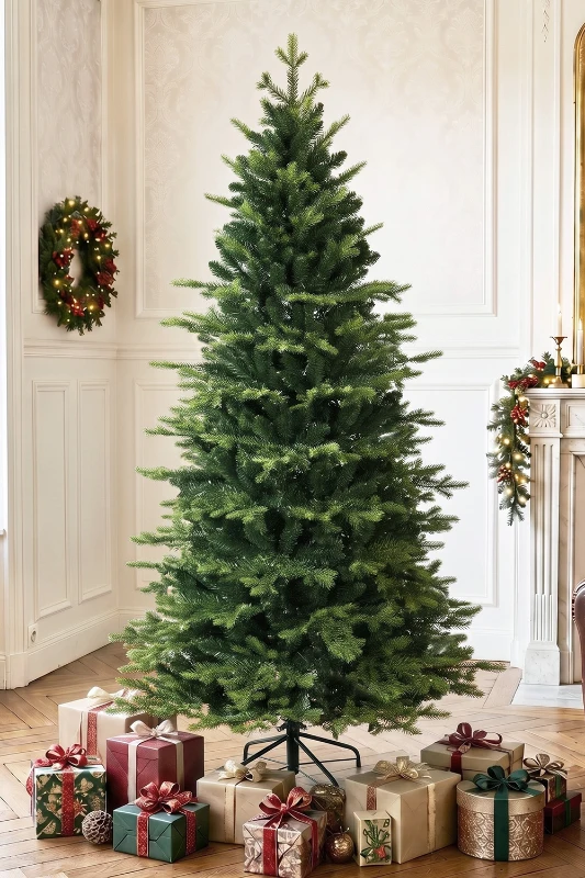 HOMCOM Geneva Fir Hinged Xmas Tree, 6ft/180cm Artificial Christmas Tree with 1610 Branch Tips, Foldable Steel Stand, Green