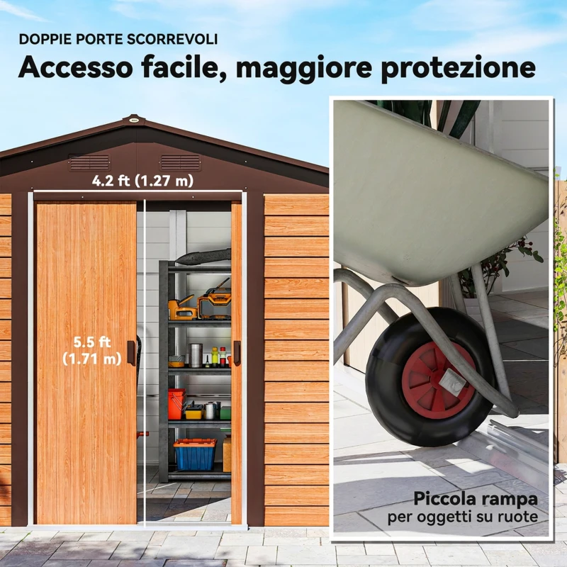 Outsunny Casetta da Giardino in Acciaio Effetto Legno e Doppie Porte Scorrevoli, 278x195x215 cm, Marrone
