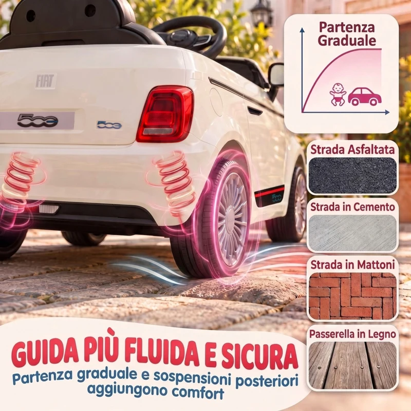AIYAPLAY Macchina Elettrica per Bambini 12V Fiat 500, Batteria al Litio, 2 Motori, Telecomando, 3-6 Anni, Crema