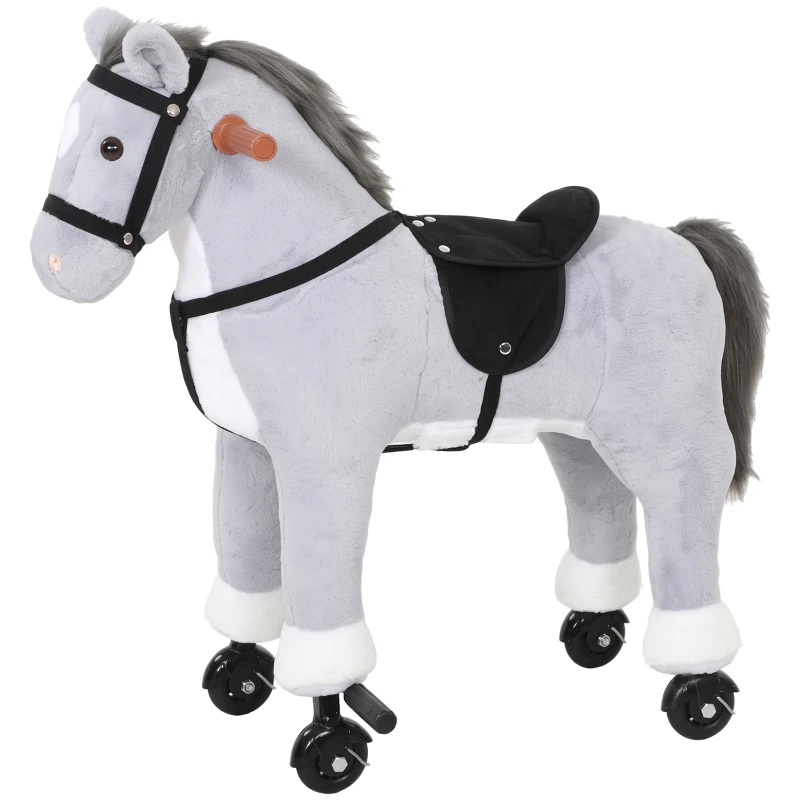 AIYAPLAY Cavalo de Brincar com Rodas, Sons de Cascos, Música, Pedais e Pegas, Estrutura em Metal, +3 Anos, 50 kg, Cinzento
