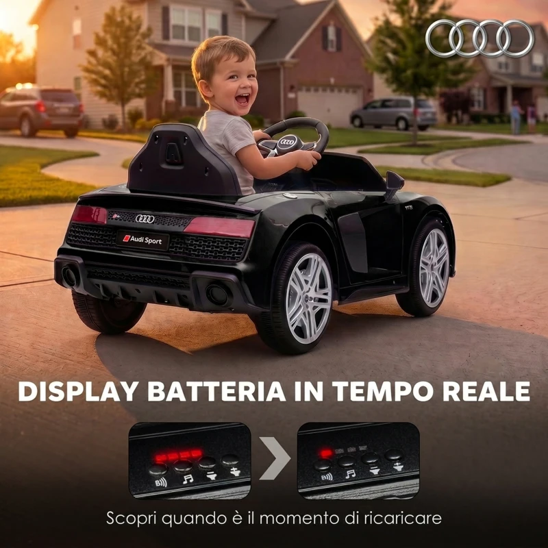 AIYAPLAY Macchina Elettrica per Bambini 3-6 Anni 12V Audi R8 Spyder, 3-5 km/h con 2 Motori e Telecomando, Nero