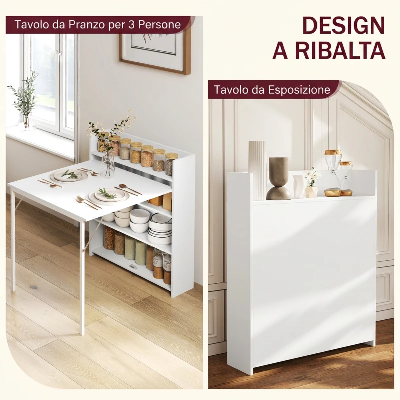 HOMCOM Tavolo da Pranzo Pieghevole, 78.5x91 cm con 4 Ripiani per 3 Persone, Tavolo Cucina a Ribalta, Bianco