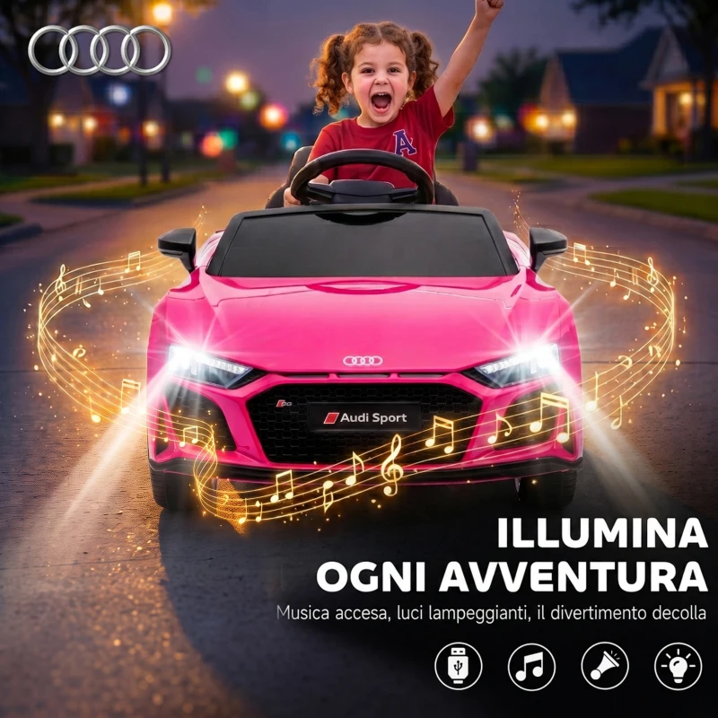 AIYAPLAY Macchina Elettrica per Bambini 3-6 Anni 12V Audi R8 Spyder, 3-5 km/h con 2 Motori e Telecomando, Rosa