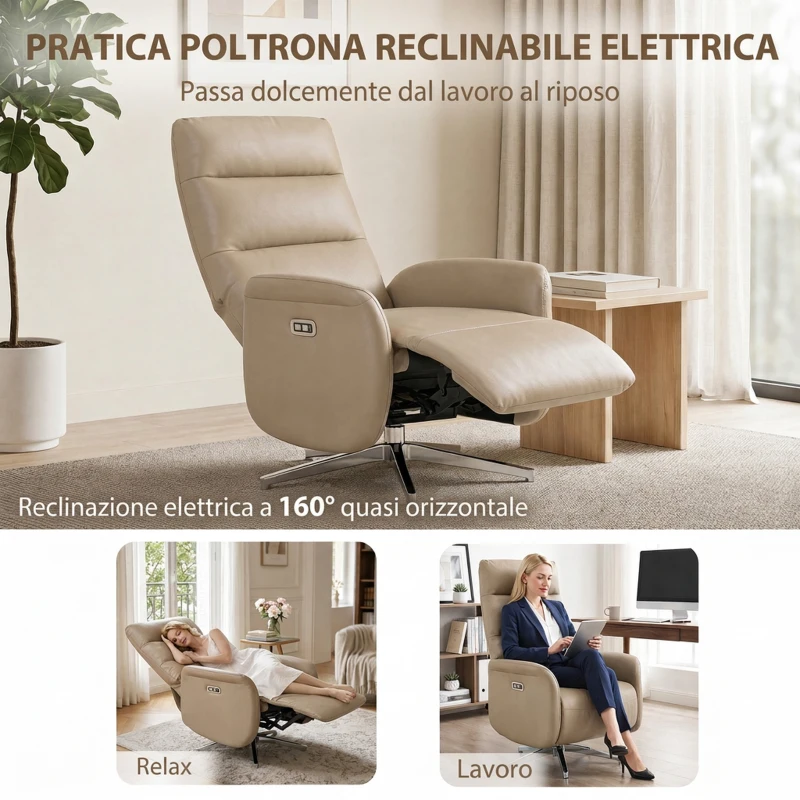 HOMCOM Poltrona Relax Elettrica Reclinabile 160° Girevole con Poggiapiedi, Presa USB e Type-C, in Pelle PU, Marrone