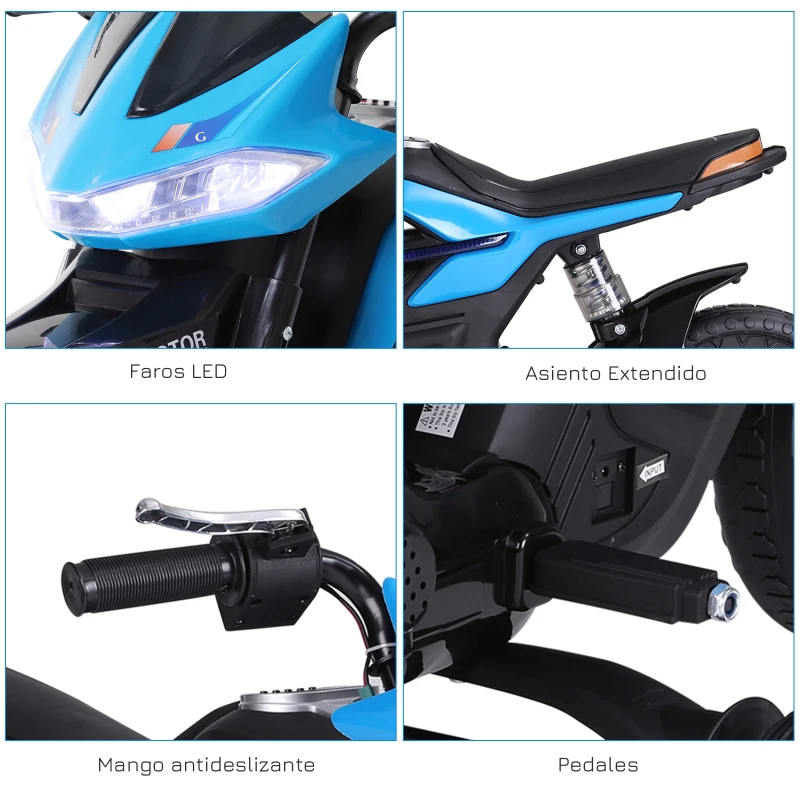 HOMCOM Moto Eléctrica Infantil Moto de Juguete Niños +3 Años Batería 6V con Luces y Música 105x52,3x62,3cm Azul